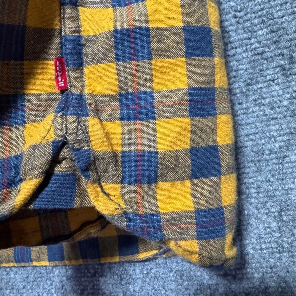 Levis Mens Small Yellow Navy Blue Plaid Button Down‎ Flannel Shirt 3LGW1305